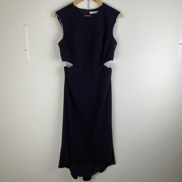 Halston Cutout Crepe Dress Size 8 Black Midi Sleeveless Classic LBD Designer - Picture 7 of 14